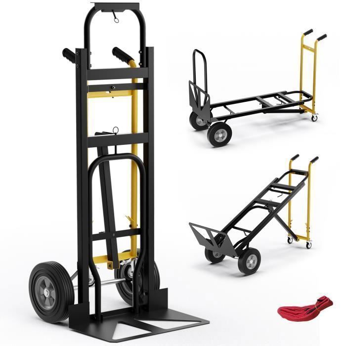 Carretilla metálica plegable COSTWAY - 3 modos - 4 ruedas de goma - Cuerda de conexión - Mango antideslizante - 450 kg - Negro + Amarillo