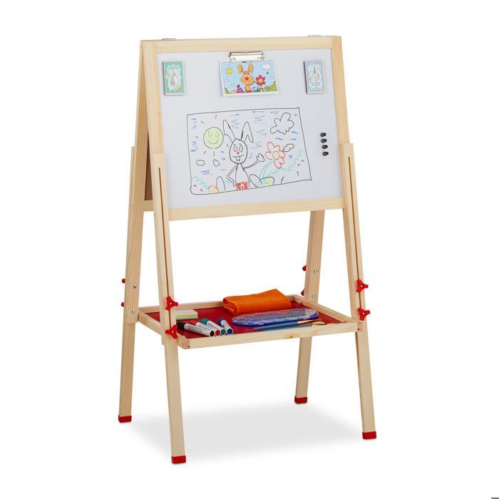 Relaxdays Children's Straight Easel; Whiteboard and Chalkboard, Height Adjustable, Wooden Easel, 102-135 x 55 x 52 cm, Natural