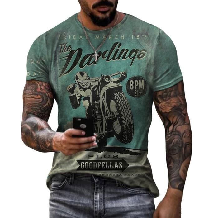 Ανδρικό T-shirt, Vintage T-shirt με τρισδιάστατη εκτύπωση μοτοσικλέτας, T-shirt με στρογγυλή λαιμόκοψη και κοντό μανίκι μοτοσικλέτας - Πορτοκαλί