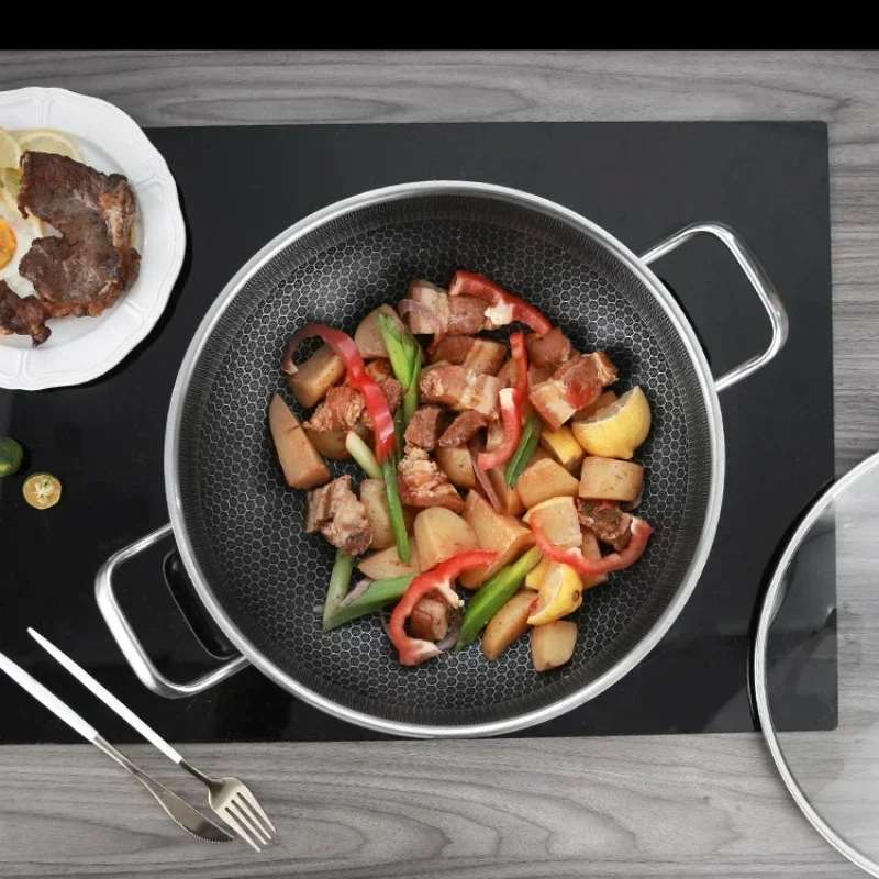 Poêle à frire de 32 cm en acier inoxydable 304 de qualité alimentaire, antiadhésive, à fond alvéolé, compatible avec les plaques à induction, les cuisinières à gaz et les woks.