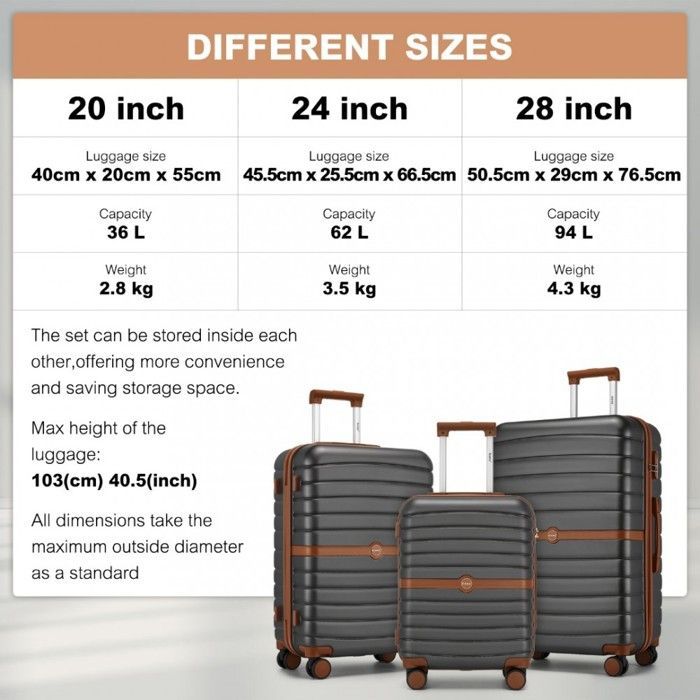 Juego de 3 maletas rígidas Kono (55/66/76 cm) ABS+PC - Maleta de cabina, ligera y resistente, 4 ruedas y cerradura de seguridad, gris