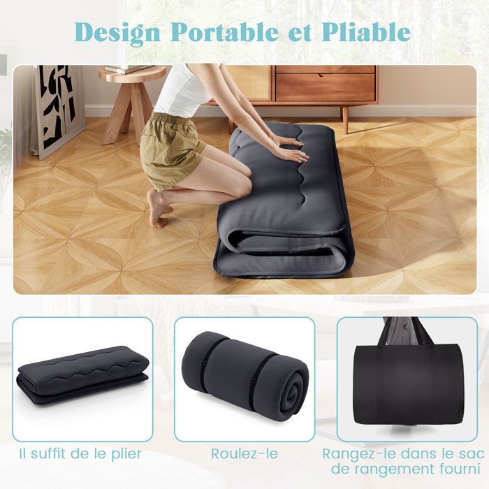Colchón futón COSTWAY de 140 x 200 cm, con sobrecolchón extraíble y lavable, colchón portátil para suelo con bolsa de transporte para camping, color negro.