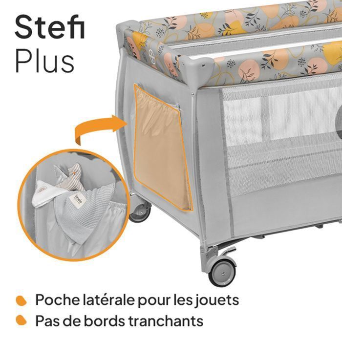 Cuna de viaje compacta 2 en 1 LIONELO Stefi Plus - Parque infantil - Colchón de alta densidad - 0-36 meses - 2 ruedas - Gris/Multicolor