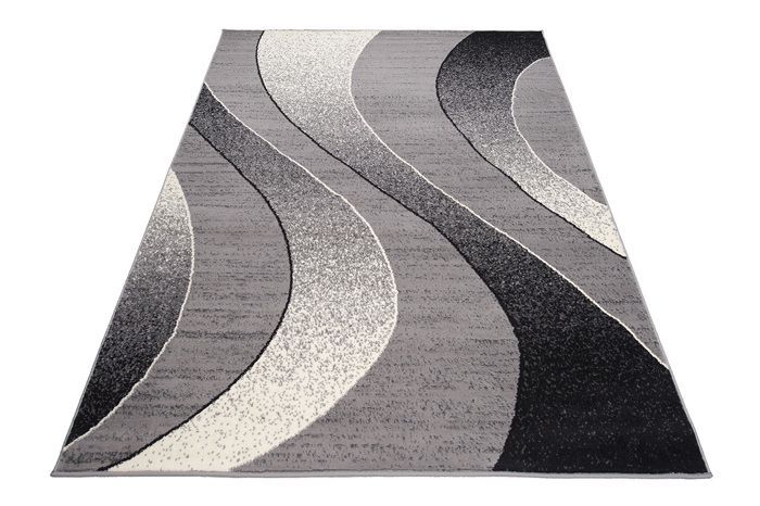 TAPISO DREAM Kurzflor-Wohnzimmerteppich, Grau-Schwarzes Wellenmuster, 100 % Polypropylen, für den Innenbereich, 120 x 170 cm