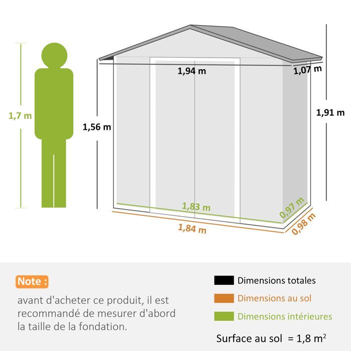 Metalen tuinschuur - metalen gereedschapsschuur - 1,8 m² - 194 x 107 x 191 cm - schuifdeuren - donkergrijs