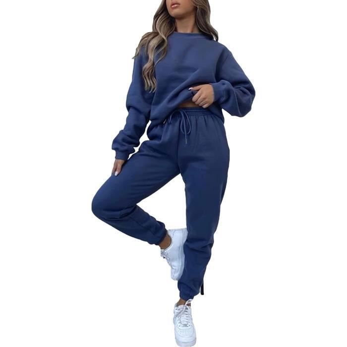 Damen-Trainingsanzug-Set mit Fellfutter, Pullover-Sweatshirt und Jogginghose, Blau