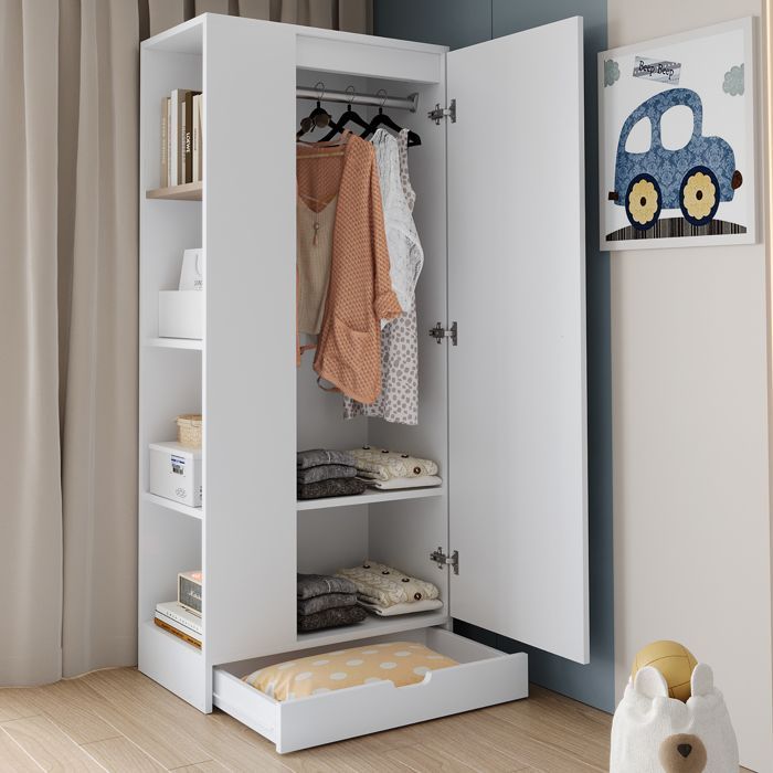 Armoire 70 cm blanche 1 porte avec étagères réglables et grand volume modulable
