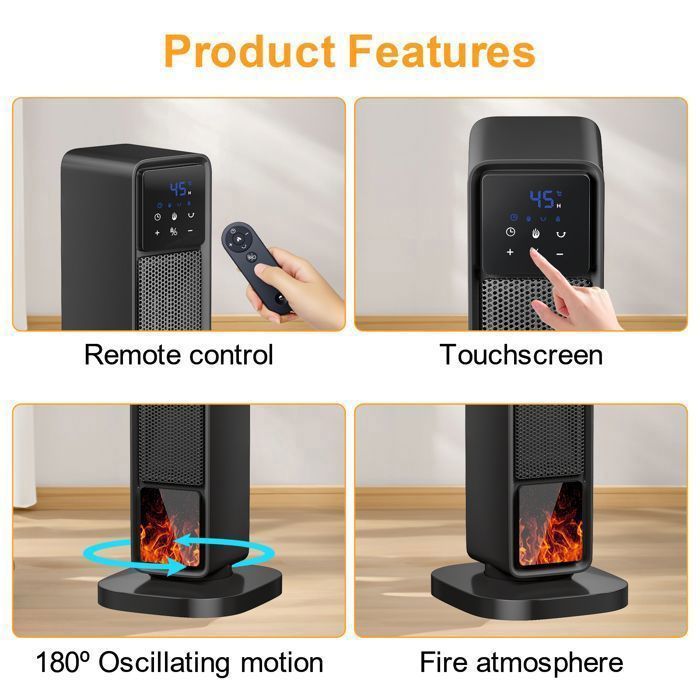 Potente calefactor eléctrico de ventilador de 2000 W - Calefactor de chimenea, calentamiento rápido, control remoto con protección antivuelco.