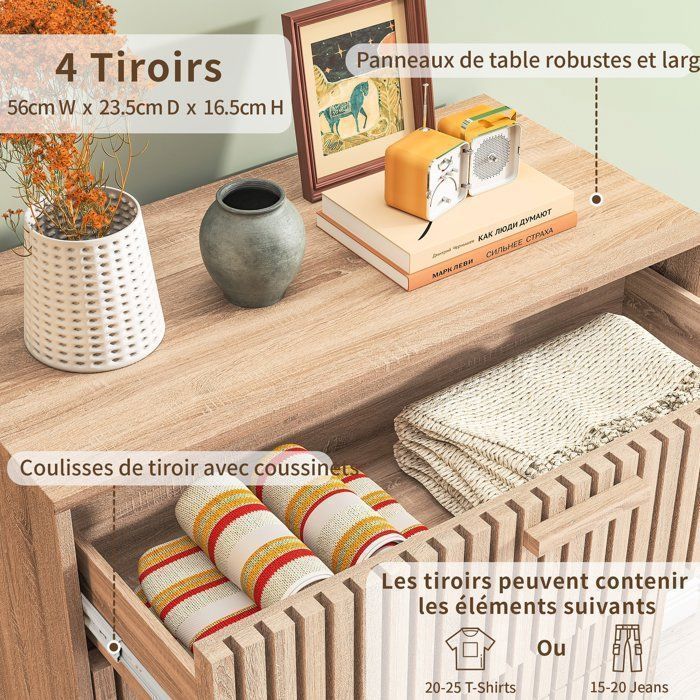 Cómoda de 4 cajones, mueble de almacenamiento para dormitorio, cómoda/armario de madera, 60x34x91 cm, estilo escandinavo moderno, color madera natural.