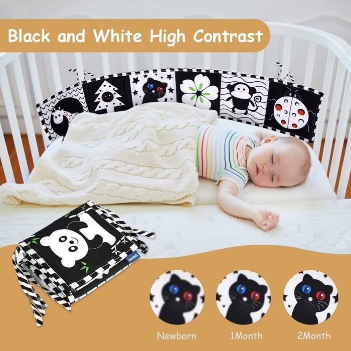 Livre D'eveil Double Face en Tissu,Livre Tissu Bébé Livre Noir et Blanc Bébé Pliable Réutilisable,  développement Cerveau Bébé