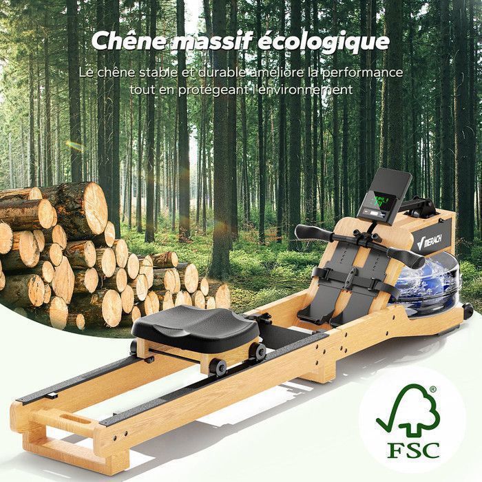 Rameur à eau pliable - MERACH - 15 L - 6 repères de remplissage - Connectivité APP - Ecran LCD - Max 150kg - Bois d'hévéa clair