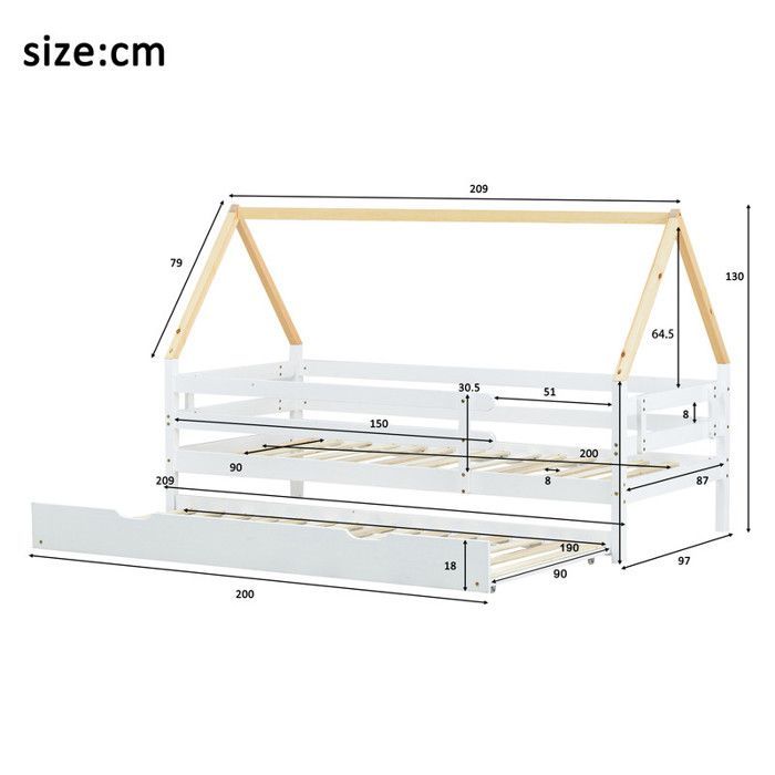 Letto a castello allungabile 90 x 200 cm, letto estraibile per bambini, in legno massello di pino, con rete a doghe inclusa, colore bianco e naturale.