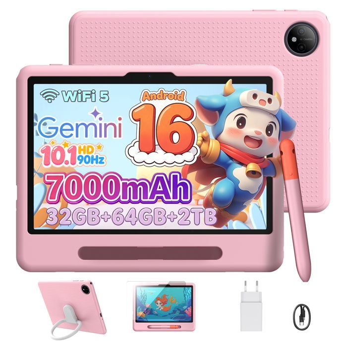 POCKAM P10 Kid 10,1-inch tablet, Android 16, tablet met toetsenbord, muis, koptelefoon, 32GB+64GB, 7000mAh, 5G WiFi - Roze