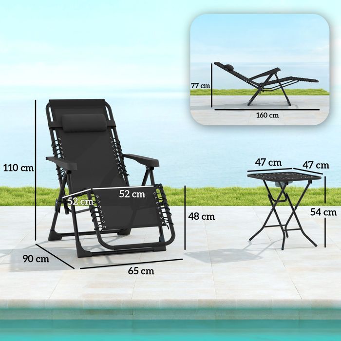 Lot de 2 chaise longue pliable et inclinable avec table d'appoint - Outsunny - porte-gobelets et appuie-têtes - charge 120 kg - noir