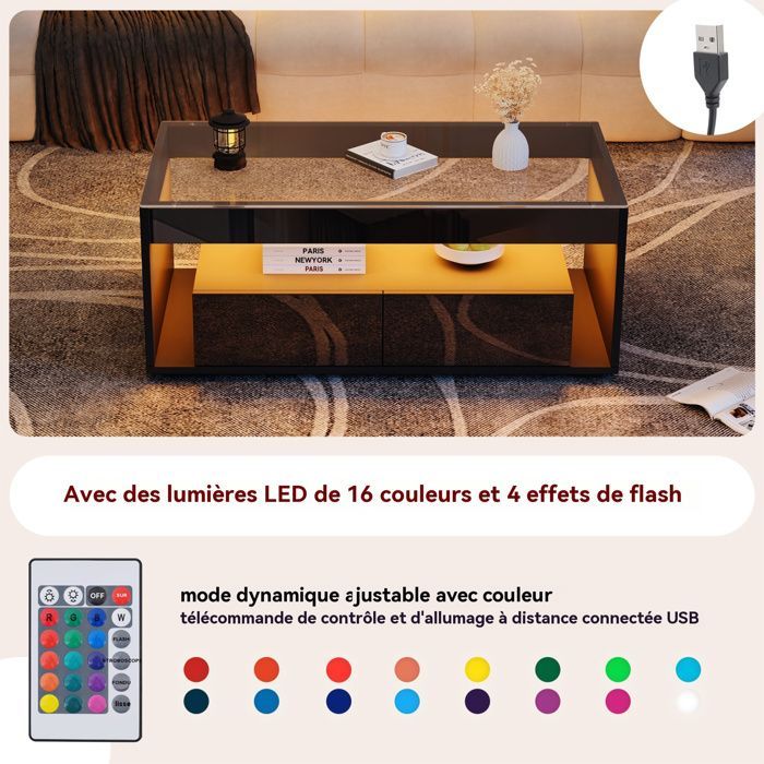 Tavolino moderno con illuminazione a LED a 16 colori, 2 cassetti, finitura laccata lucida, nero