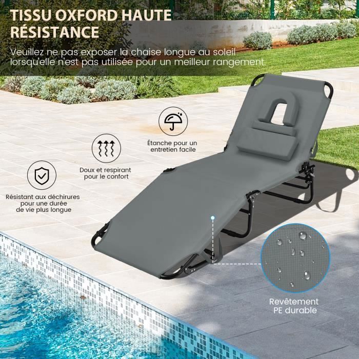 Tumbona plegable COSTWAY, ajustable en 5 posiciones (con reposacabezas y orificio para la cara), para patio y camping, soporta hasta 160 kg, color gris.