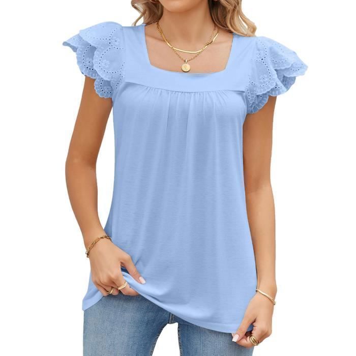 T-Shirt Femme Manches Courtes Avec Dentelle Couleur Unie Casual Tee Shirt Ete Lache Col Carré Confortable - Taille EU - Bleu Clair