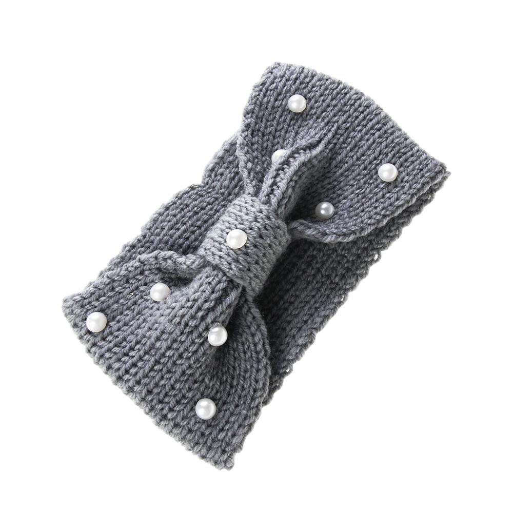 Faixa de cabelo feminina de crochê, turbante de lã tricotada com laço e pérolas, protetor de orelhas largo, acessório de cabelo da moda para o inverno (1 peça).