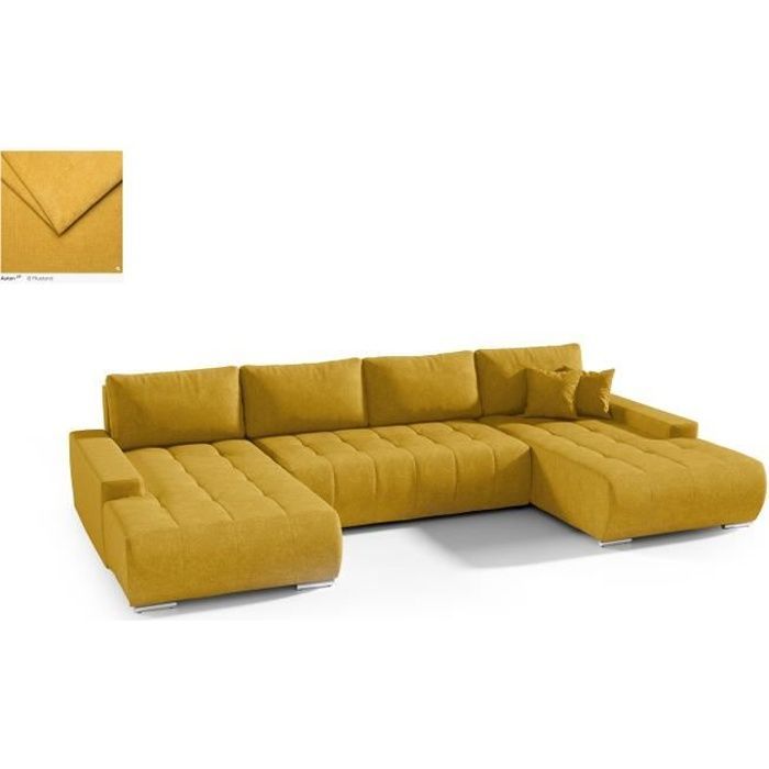 BELUTI - Canapé d'angle panoramique en U Convertible. Tissu Design. Lit + Coffre de Rangement (Jaune)