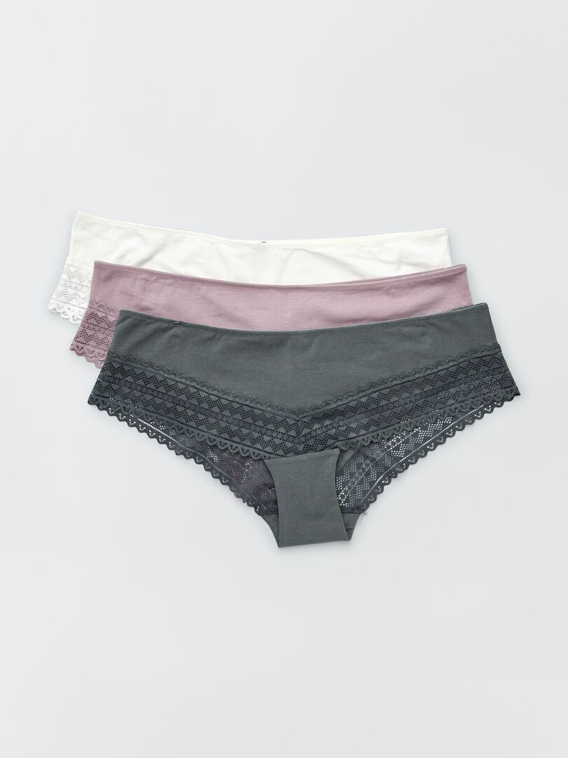 Conjunto de 3 bragas de algodón y encaje - rosa y gris