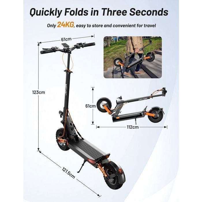 JOYOR S8 - Trottinette électrique - Moteur 600 W - Max 90km/h - Batterie 48 V 26 Ah - Pneus 10 pouces - Pliable - Noir