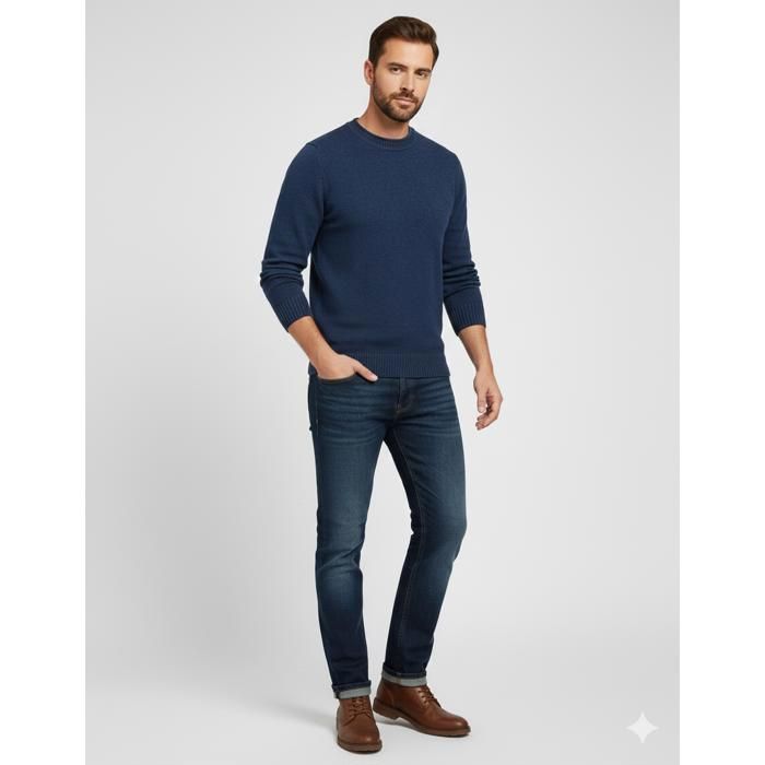 Suéter de punto informal de cuello redondo y corte ajustado para hombre - Suave y cómodo, estilo invernal - FUNMOON - Azul