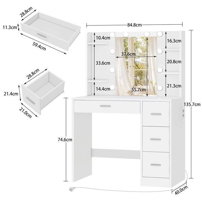 TEENFON Coiffeuse avec éclairage LED et 4 tiroirs, Coiffeuse avec station de charge, 85*40*135cm,Blanc
