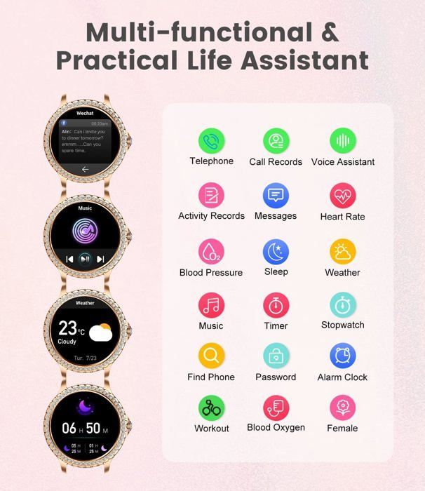 Smartwatch Bluetooth da donna con chiamate, compatibile con Android e iOS, tracker di attività sportiva e fitness, schermo HD da 1,32