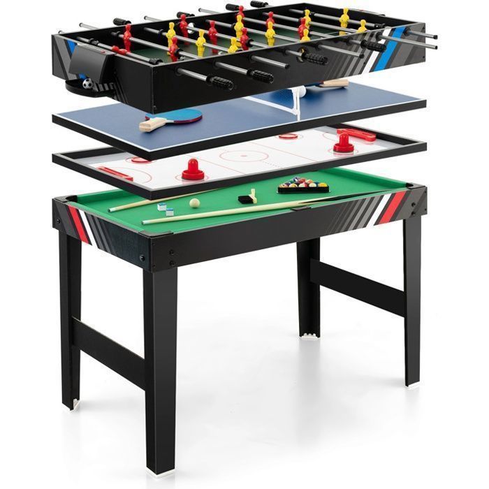 COSTWAY 4-in-1 Multigame Tafel - Kindertafelvoetbal, Pingpong, Biljart, Airhockey - 125x97x83 cm - Hout - Complete accessoires - Leeftijd 3+ - Zwart