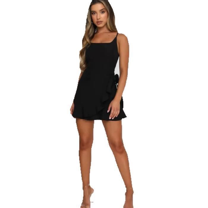MOBIGARLAN Vestido liso de verano plisado con tirantes para mujer, ropa sexy - Negro FBC127