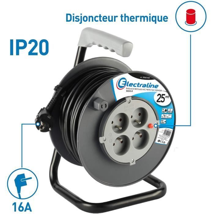 Avvolgicavo elettrico - ELECTRALINE - 25 m - 4 prese - Interruttore termico - Nero e blu