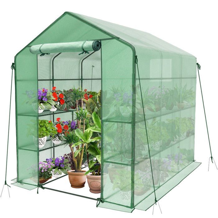 VOUNOT® Serre de jardin avec étagères 143x215x195cm vert - bâche renforcée 135g/m² - fenêtre moustiquaire - porte enroulable zippée