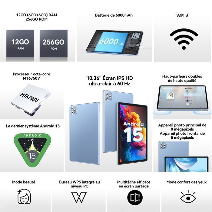 Tablette Android 15, écran tactile de 10,36 pouces, 12 Go + 256 Go (Extension de carte TF de 1TB), WiFi 5/Bluetooth 5.0-Bleu