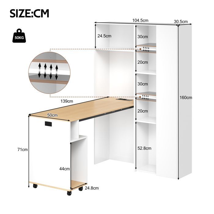 Scrivania pieghevole 104,5x30,5x160 cm - Con libreria - Porte USB - Ripiani regolabili - Con rotelle - Bianco+naturale