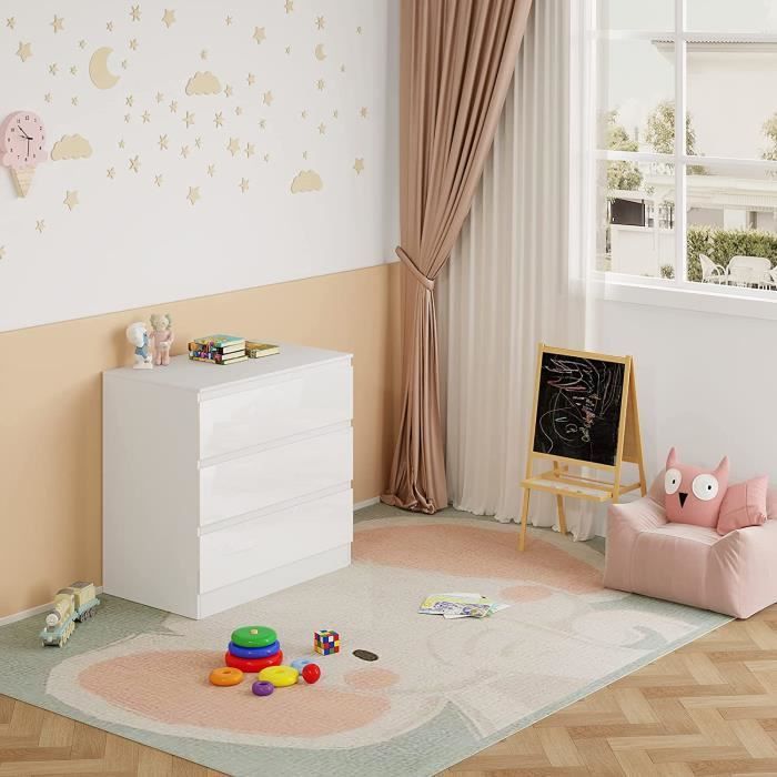 Cômoda WOLTU com 3 gavetas, móvel para quarto, em aglomerado de madeira, 80x48x78cm, branco brilhante.