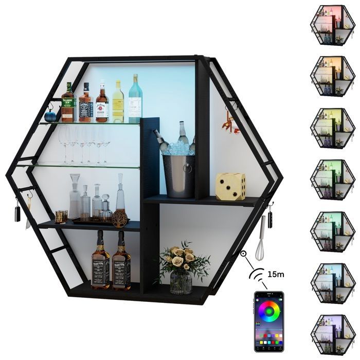 Étagère Murale avec Éclairage LED RVB, 5 Niveaux de Rangement, Étagère Flottante en Métal et Verre, Noir