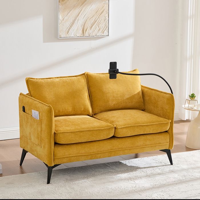 Modern 2-seater sofa, armchair with storage and phone holder for living room or bedroom, yellow