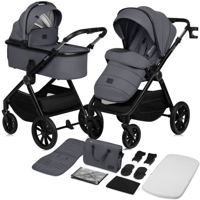 Poussette combinée 2en1 LIONELO Layla - Naissance jusqu'à 22kg - Pack poussette Duo, Nacelle, sac et accessoires - Gris
