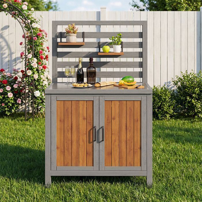 Mobile contenitore da giardino nero per esterni - Armadio resistente alle intemperie con piano di lavoro in acciaio inox, ampio cassetto, ripiani regolabili, sistema antiribaltamento