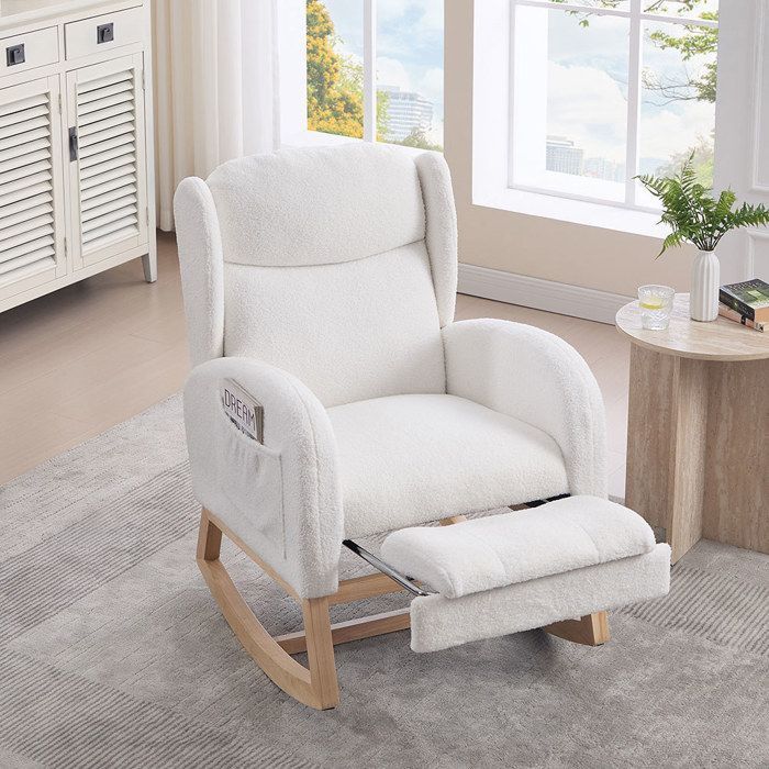 Scandinavian rocking chair, comfortable nursing chair, white teddy fabric, integrated pocket