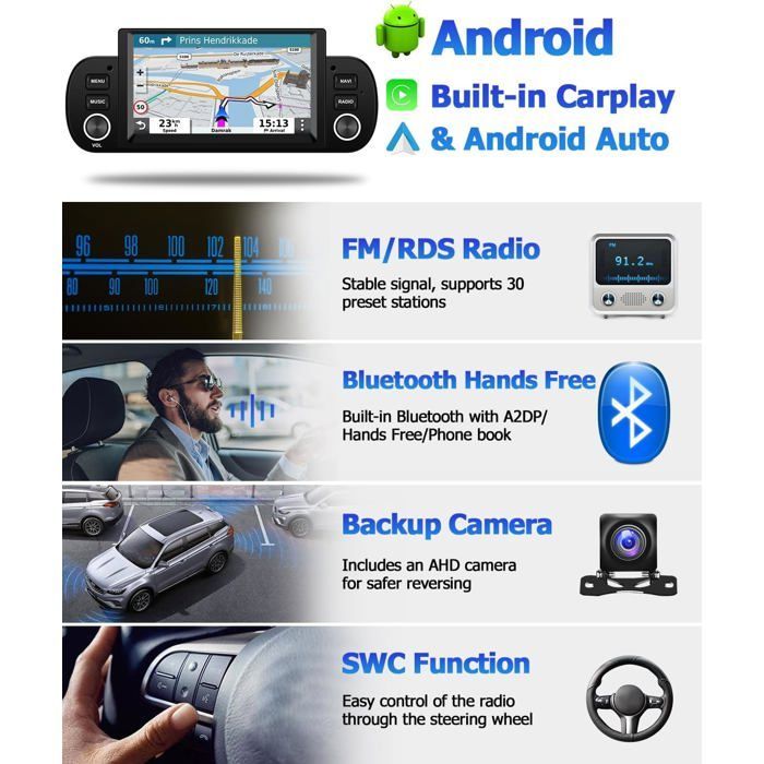 Android 13 2GB+64GB 6,2-tums bilradio för FIAT Panda 2013-2020 med CarPlay/Android Auto, trådlös GPS, WiFi, kamera och mikrofon