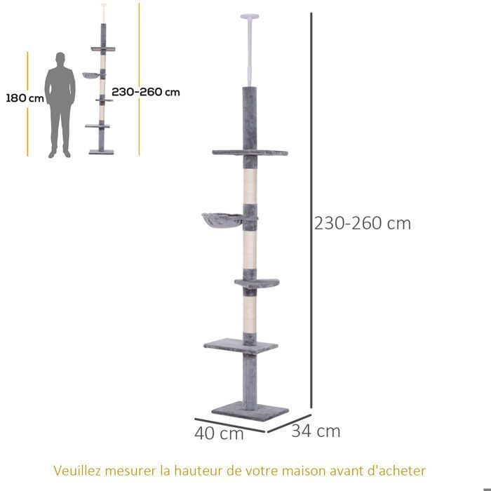 PawHut krabpaal voor katten, vloer tot plafond, 40 cm L x 34 cm B x 230-260 cm H, 5 activiteitsniveaus, grijs