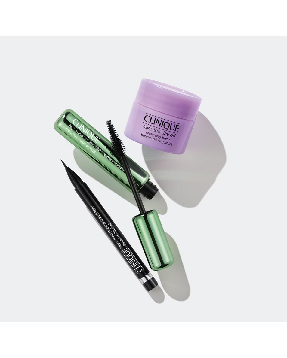 Set de rimel CLINIQUE High Impact High-Fi cu 3 ingrediente esențiale pentru machiajul zilnic.