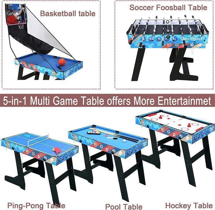 Mesa Multijogos HLC 5 em 1 - Dobrável - Futebol de Mesa, Pingue-Pongue, Bilhar, Air Hockey, Basquete - Ideal para Entretenimento Doméstico e Sala de Jogos