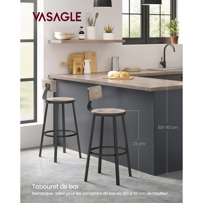 VASAGLE Set of 2 Bar Stools with Backrest, Kitchen Seat, 73.5 cm Seat Height, Industrial Style, Greige and Black