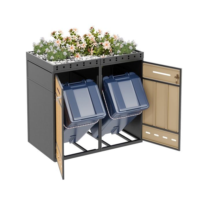 Afvalbakbehuizing voor 2 afvalbakken (120-240 L) met plantenbak, afsluitbare deur, metaal, grijs + hout