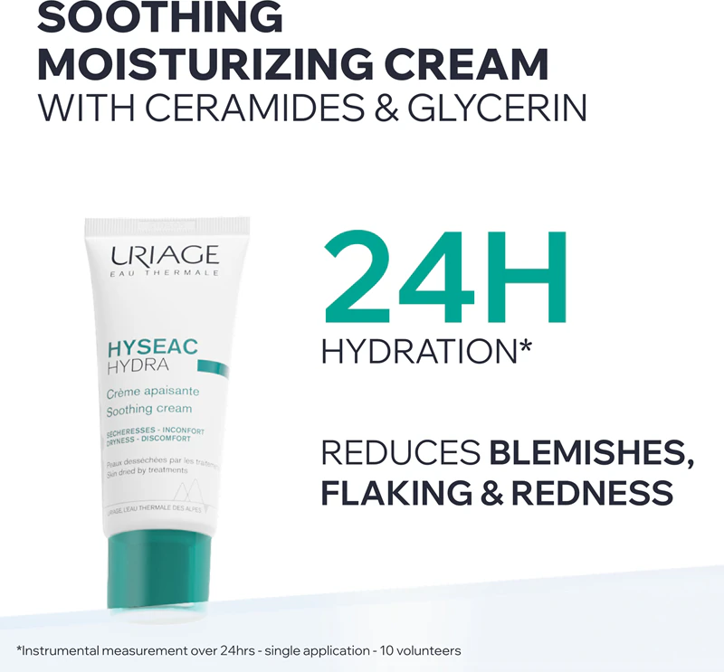 Uriage Hyseac Hydra Soothing Cream is een verzachtende crème voor een droge en geïrriteerde huid, veroorzaakt door acnebehandelingen.