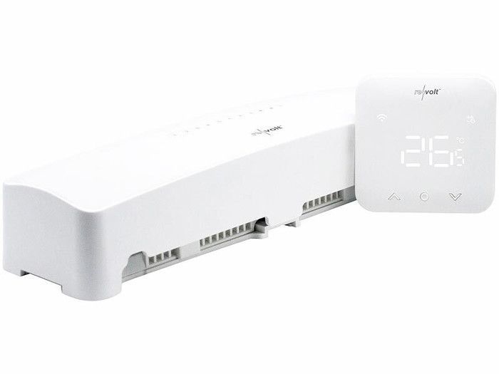 Actuador de calefacción por suelo radiante conectado a la aplicación FHS-800 con termostato remoto.