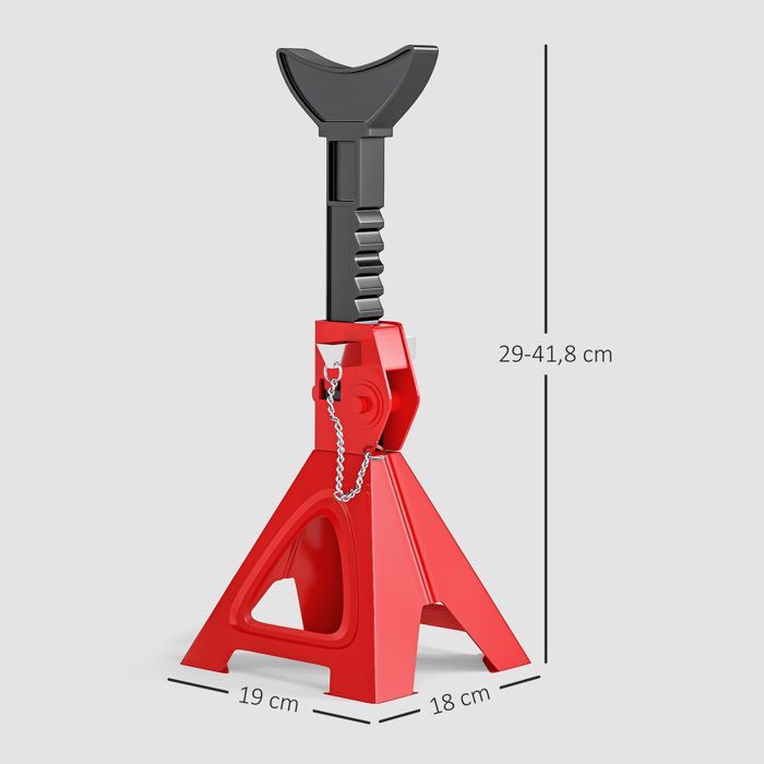 Juego de 2 soportes para gato hidráulico - HOMCOM - Capacidad de 3 toneladas - Altura ajustable de 290 a 418 mm - Pasador de seguridad - Rojo