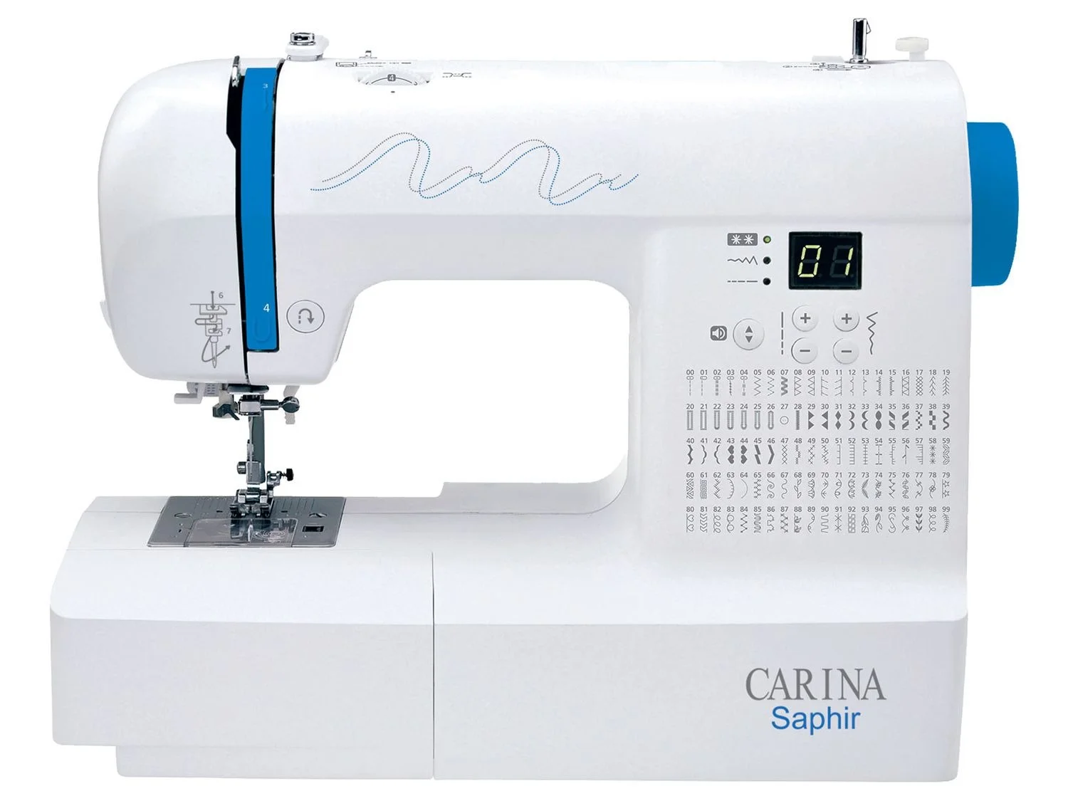 Carina computernaaimachine »Saphira«, 100 naaiprogramma's, 7 knoopsgaten, met verlengtafel